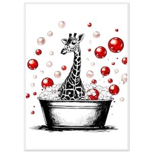 Arte de pared de jirafa para baño, estampado divertido de animal para bañera, decoración de baño original, póster de jirafa caprichoso, obra de arte enmarcada de animales juguetones