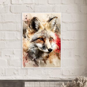 Arte mural de zorro en acuarela, póster de animales del bosque, decoración forestal, estampado animal en tonos apagados, arte moderno de vida silvestre, póster de zorro enmarcado