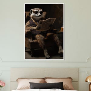 Stampa sofisticata di un suricato che legge / Stampa artistica da parete con animali incorniciati / Poster divertente di un suricato / Carta opaca di alta qualità / Decorazione originale per la casa o l'ufficio
