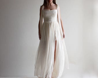 Ethereal wedding dress, sexy wedding dress, lace wedding dress, hippie boho wedding dress, wedding dress with slit, lace bustier silk skirt