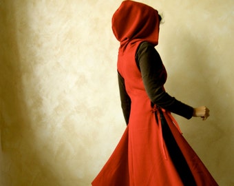 Red Hooded Cape, Red coat, wool dress, Medieval Tunic, Winter dress, Medieval cape, tunic dress, LARP, fantasy cloak, hooded dress, red cape