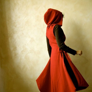 Red Hooded Cape, Red coat, wool dress, Medieval Tunic, Winter dress, Medieval cape, tunic dress, LARP, fantasy cloak, hooded dress, red cape