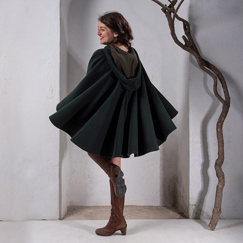 Hooded cape, Wool cape, Women cape, Winter cape, Hooded cloak, Wool cloak, Poncho, Women clothing, Maternity clothes, plus size, black cape Green