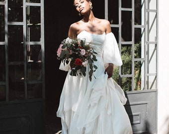 Wedding dress long sleeves bridal gown, frothy ballgown, silk wedding dress, princess wedding dress, dramatic train dress, puffy sleeves