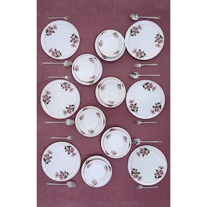 18-Piece Snowflower Dinner Set for 6 | Elegant Pink Floral Porcelain Plates & Bowls | Romantic Classic Tableware Gift Set