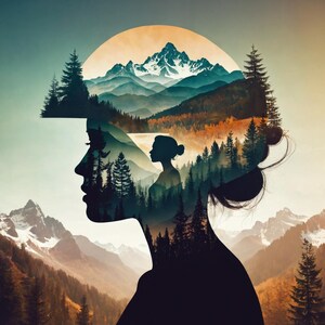 Doppelbelichtung Frau Silhouette Wandkunst - Natur Landschaft Poster - Bergwald Druck - Minimalist Boho Home Digitaler Download