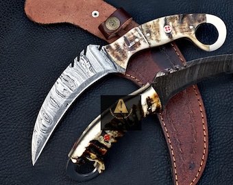 Handmade Damascus Steel Karambit Knife: Ram Horn Handle, Leather Sheath