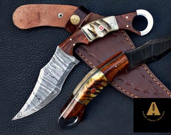 Handmade Damascus Steel Karambit Knife: Ram Horn And Rose Wood Handle, Leather Sheath