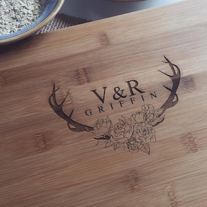 Floral Antlers Custom Butcher Block / Wood Chopping Board Personalized with Your Text for a perfect Housewarming Gift or Wedding Present image 1