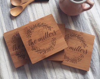 Custom Wood Coasters, Personalized Wooden Coaster Set w/ Engraved Wreath and Optional Cork for Wedding Gift or Bridal Shower Gift