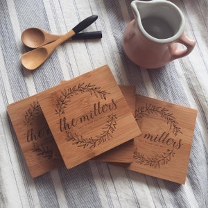 Custom Wood Coasters, Personalized Wooden Coaster Set w/ Engraved Wreath and Optional Cork for Wedding Gift or Bridal Shower Gift image 1