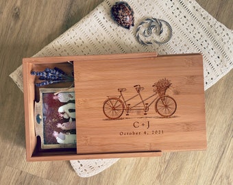 Wooden Keepsake Box, Tandem Bike Names, Initials, 5th Anniversary Gift, Wedding Memory Box, Custom Engraved Photo Box, Monogrammed Gift Box