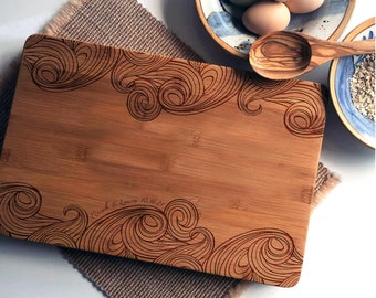 Personalized Chopping Board with Ocean Waves Pattern, Beach Ocean Gift, Custom Cutting Board, Wood Cheese Board, Butcher Block, Wedding Gift