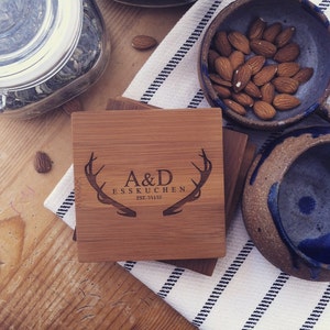 Personalized Coasters, Custom Engraved Coaster Set, Bamboo Coasters, Antlers Engraved Initial Unique Wedding Gift Engagement Present image 1