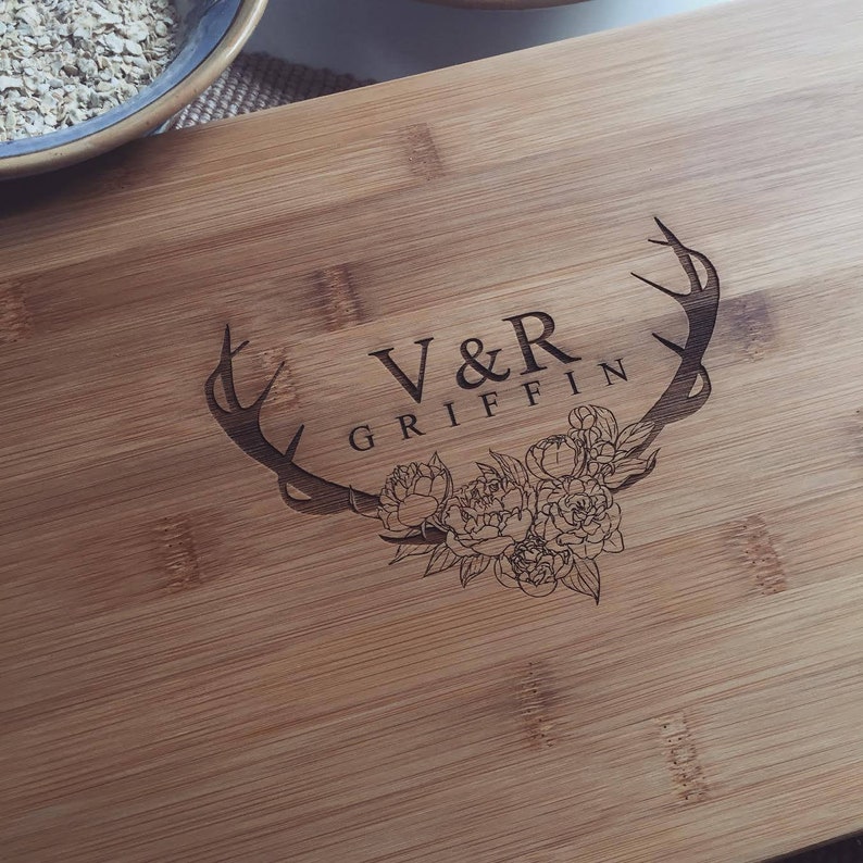 Floral Antlers Custom Butcher Block / Wood Chopping Board Personalized with Your Text for a perfect Housewarming Gift or Wedding Present image 1