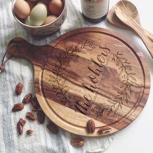 Engraved Cutting Board with Wreath Design: Custom Cheese Board or Charcuterie Board for Wedding Gift or Engagement Present