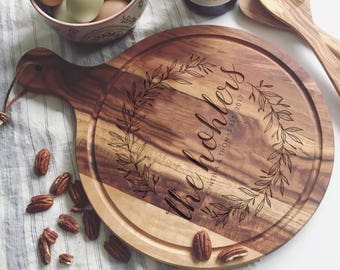 Engraved Cutting Board with Wreath Design: Custom Cheese Board or Charcuterie Board for Wedding Gift or Engagement Present