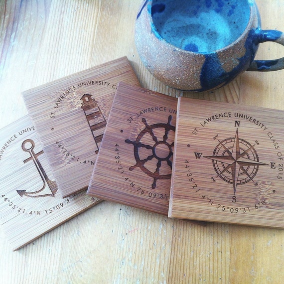 Custom Engraved Nautical Coaster Set, Personalized Coasters, Anchor, Coordinates, Assorted Gift Set w/ Names, Established Date, Wedding Gift