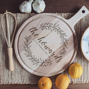 Engraved Cutting Board with Wreath Design: Custom Cheese Board or Charcuterie Board for Wedding Gift or Engagement Present beech