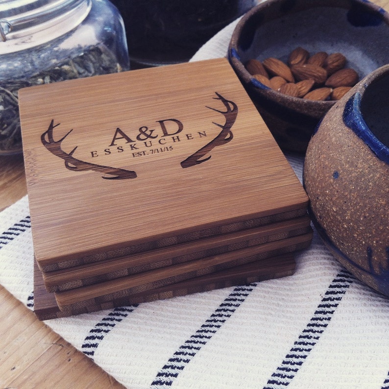Personalized Coasters, Custom Engraved Coaster Set, Bamboo Coasters, Antlers Engraved Initial Unique Wedding Gift Engagement Present image 2