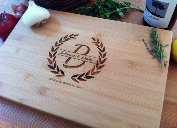 Custom Engraved Chopping Block, Handmade, Wooden Personalized Wedding Cutting Board, Laurel Wreath Emblem Monogram, Unique Wedding Gift