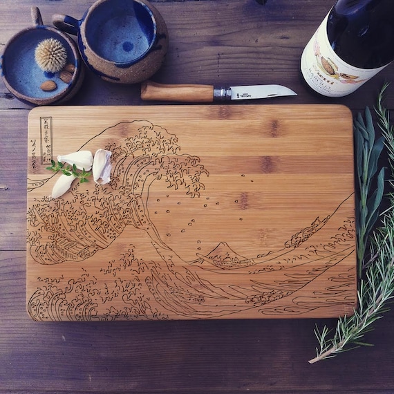 The Great Wave Off Kanagawa Engraved Cutting Board, Japanese Wave by Hokusai Custom Chopping Board, Bamboo Charcuterie Board