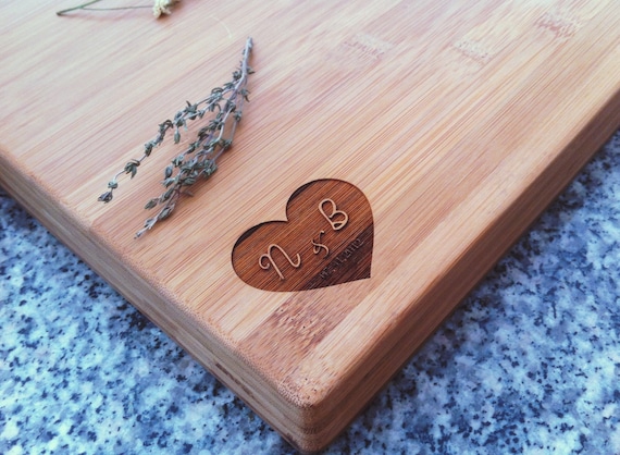 Heart With Initials Personalized Cutting Board Engraved Bamboo Chopping Block Personalized Wedding, Couple, Engagement, Anniversary Gift