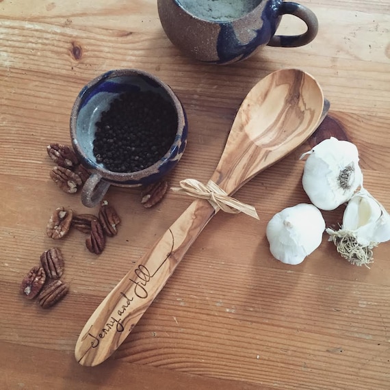 Engraved Wood Spoons, Personalized Spoons, Olive Wood Spoon and Spatula Serving Set for Wedding Gift, Housewarming Gift