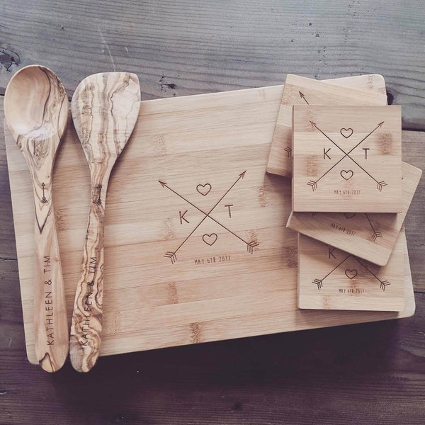 Custom Chopping Block, Engraved Coasters, and Wooden Spoon & Spatula Gift Set - Custom Cutting Board, Wedding Gift, or Anniversary Gift