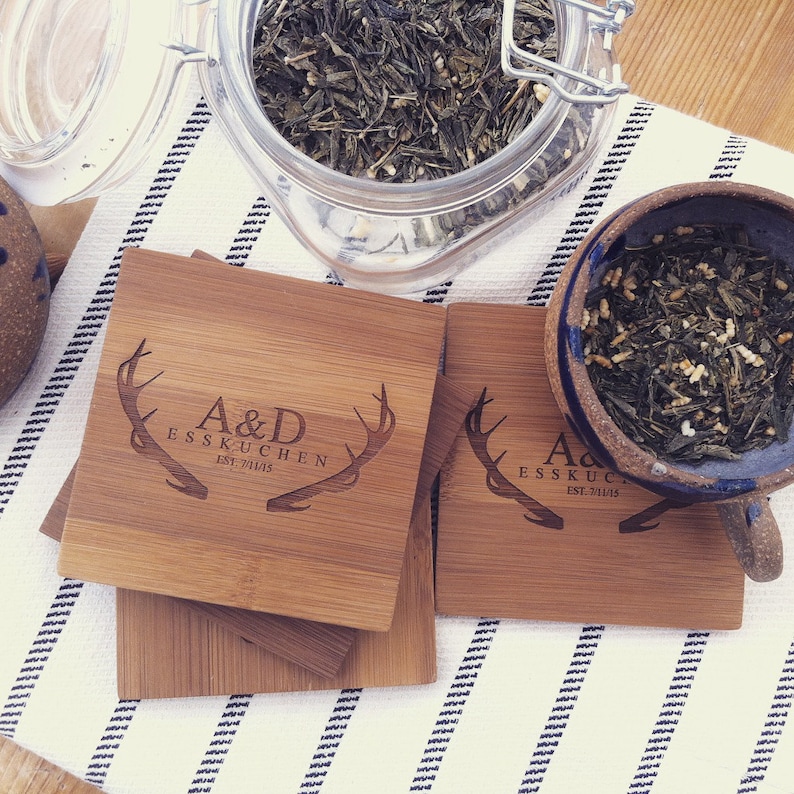 Personalized Coasters, Custom Engraved Coaster Set, Bamboo Coasters, Antlers Engraved Initial Unique Wedding Gift Engagement Present image 3