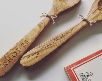 Personalized Kitchen Spoon and Spatula Set Custom Engraved Olive Wood Spoon and Wooden Spatula Wedding Gift, Housewarming Gift, Engagement