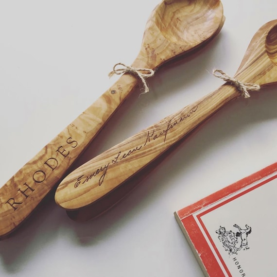 Personalized Kitchen Spoon and Spatula Set Custom Engraved Olive Wood Spoon and Wooden Spatula Wedding Gift, Housewarming Gift, Engagement