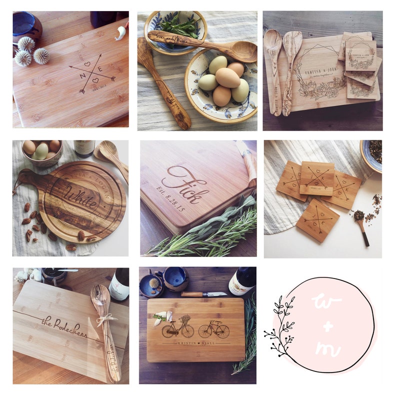 Cutting Board Set: Wood Chopping Board / Custom Butcher Block and Matching Engraved Coasters for a Personalized Wedding Gift or Housewarming image 8