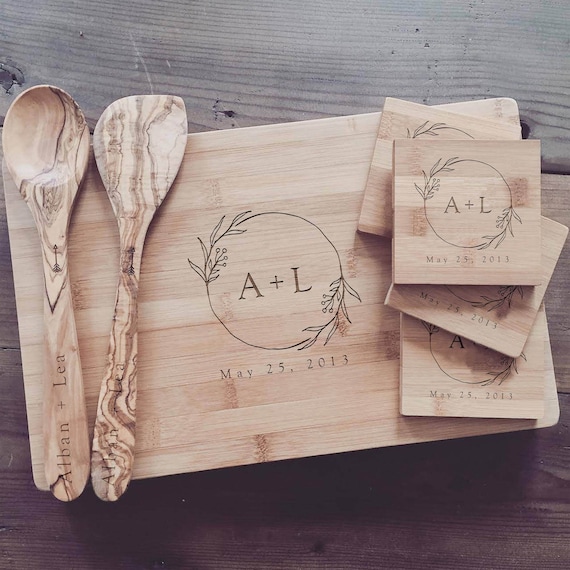 Personalized Cutting Board Gift Set, Wood Butcher Block, Engraved Chopping Board, Custom Charcuterie Board for Wedding or Anniversary Gift