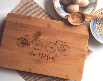 Personalized Charcuterie Board, Custom Cutting Board, Engraved Butcher Block with Bicycles, Wedding Gift or Engagement Present