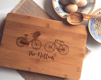 Personalized Charcuterie Board, Custom Cutting Board, Engraved Butcher Block with Bicycles, Wedding Gift or Engagement Present