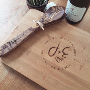 Custom Cutting Board Set: Personalized Butcher Block Matching Wood Coasters, Personalized Spoon Spatula Set, Bamboo Charcuterie Board