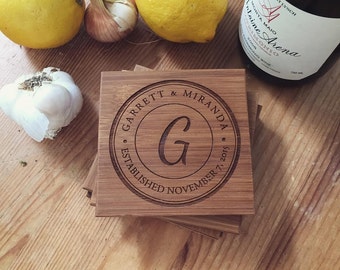 Personalized Coaster Set, Custom Coasters, Wood Coasters w/ Engraved Monogram