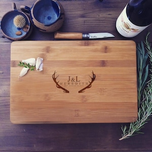 Engraved Chopping Block, Personalized Bamboo Cutting Board, Deer Antlers Design for Wedding Gift, Hostess Gift, or Housewarming Present