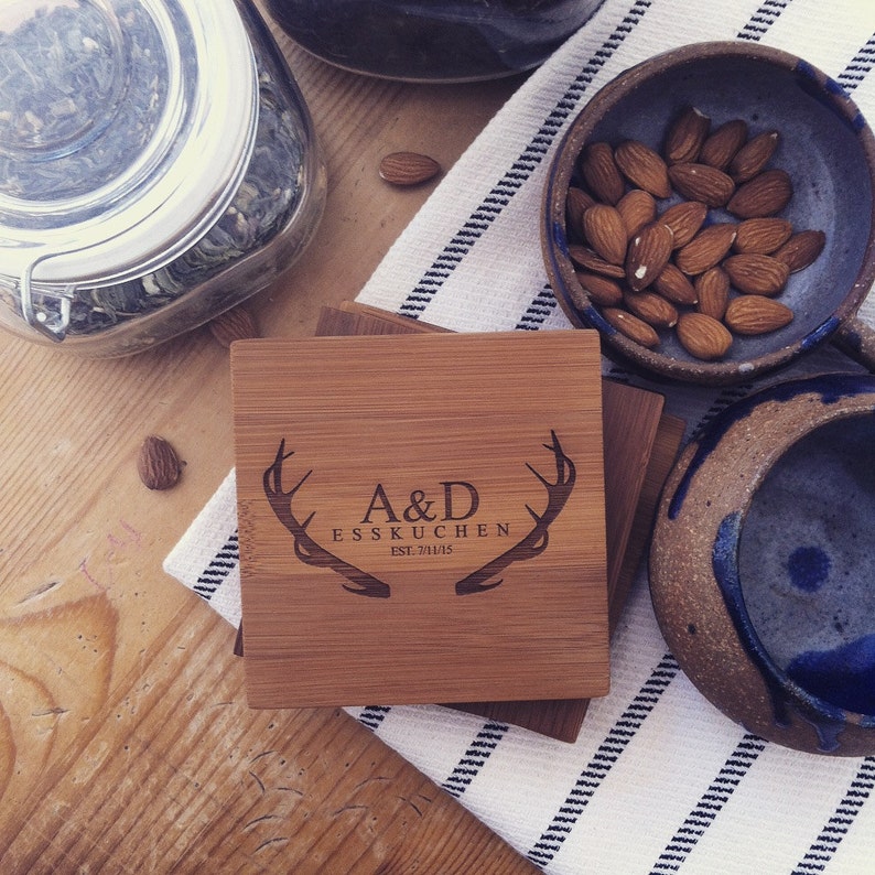 Personalized Coasters, Custom Engraved Coaster Set, Bamboo Coasters, Antlers Engraved Initial Unique Wedding Gift Engagement Present image 1