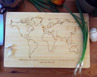 World Map Personalized Cutting Board / Bamboo Chopping Block, Custom Engraved, Unique Wedding Gift, Engagement Gift, Gift for Couple