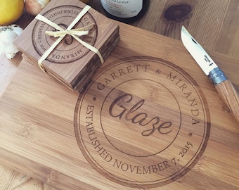 Personalized Cutting Board Set: Wood Chopping Block and Coaster Set, Custom Butcher Block, Unique Wedding Gift, Anniversary Gift