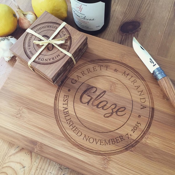 Personalized Cutting Board Set: Wood Chopping Block and Coaster Set, Custom Butcher Block, Unique Wedding Gift, Anniversary Gift