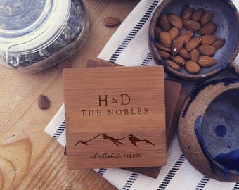 Personalized Coaster Set, Custom Coasters, Wood Coasters with Mountains for Wedding Present, Engagement Gift, or Anniversary