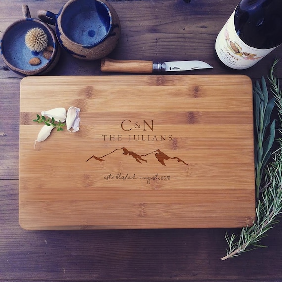 Custom Butcher Block / Personalized Cutting Board with Mountains & Initials - Wedding Gift, Anniversary Gift, Custom Wood Burning