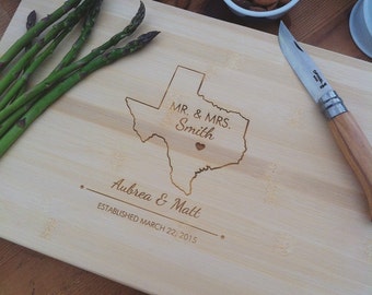 Personalized Cutting Board, State Outline, Custom Engraved State with Heart Over City, Established Date, Wedding Gift, Gift for Couple