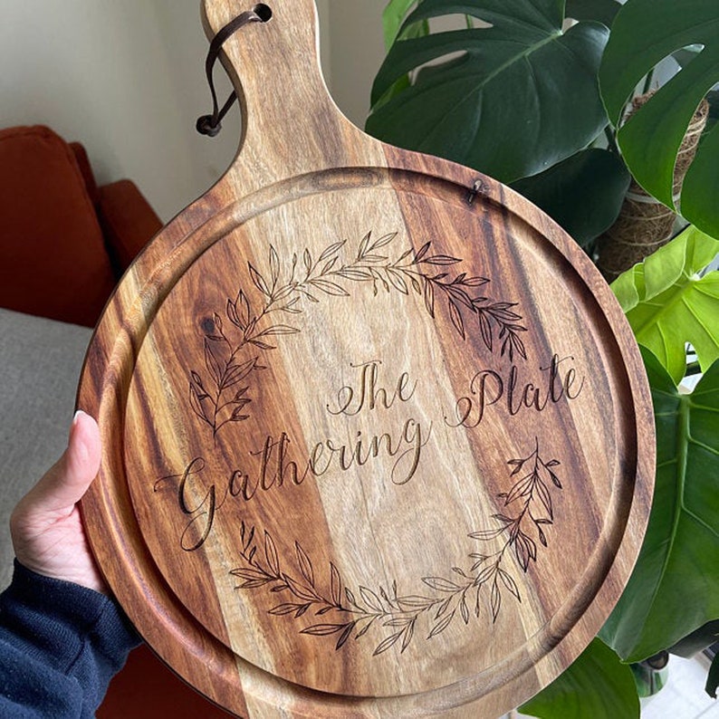 Engraved Cutting Board with Wreath Design: Custom Cheese Board or Charcuterie Board for Wedding Gift or Engagement Present image 6
