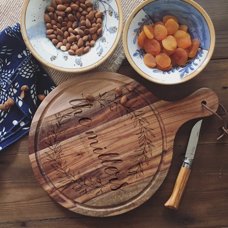 Engraved Cutting Board with Wreath Design: Custom Cheese Board or Charcuterie Board for Wedding Gift or Engagement Present image 5