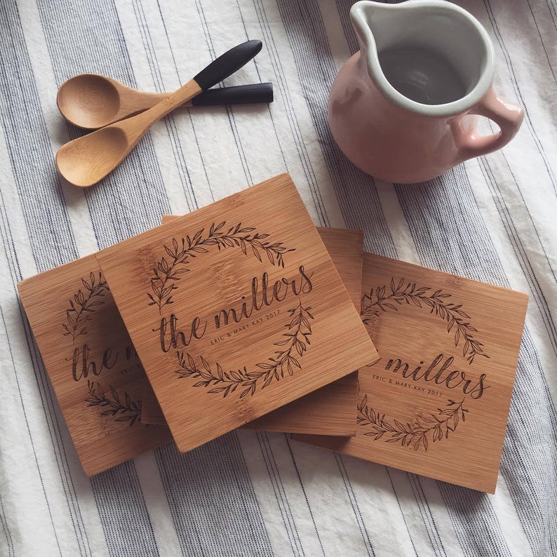 Custom Wood Coasters, Personalized Wooden Coaster Set w\/ Engraved Wreath and Optional Cork for Wedding Gift or Bridal Shower Gift