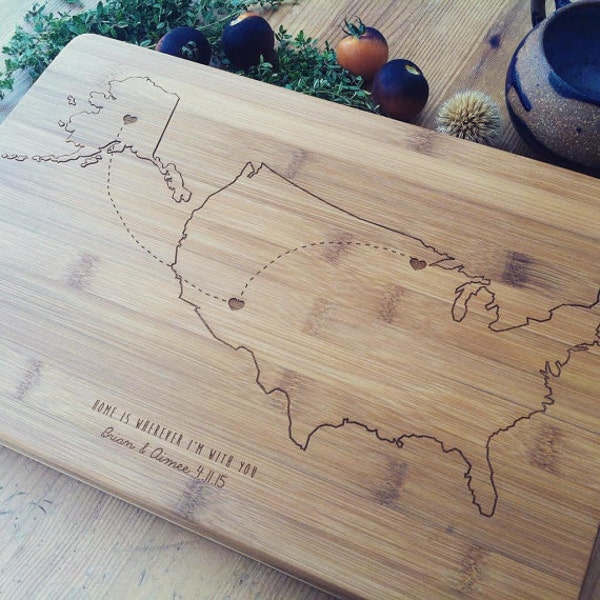 Personalized Cutting Board, Custom Engraved Chopping Block, United States Map, Personalized Map, USA Map, Wedding Gift, Travel Gift